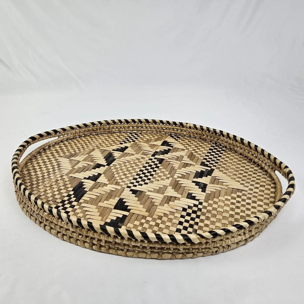 Vintage Baniwa Basket Serving Tray w/ Handles Geometric MCM Zimbabwe African